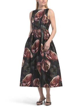 KAY UNGER Elsa Sleeveless Floral Mikado Tea Length Gown